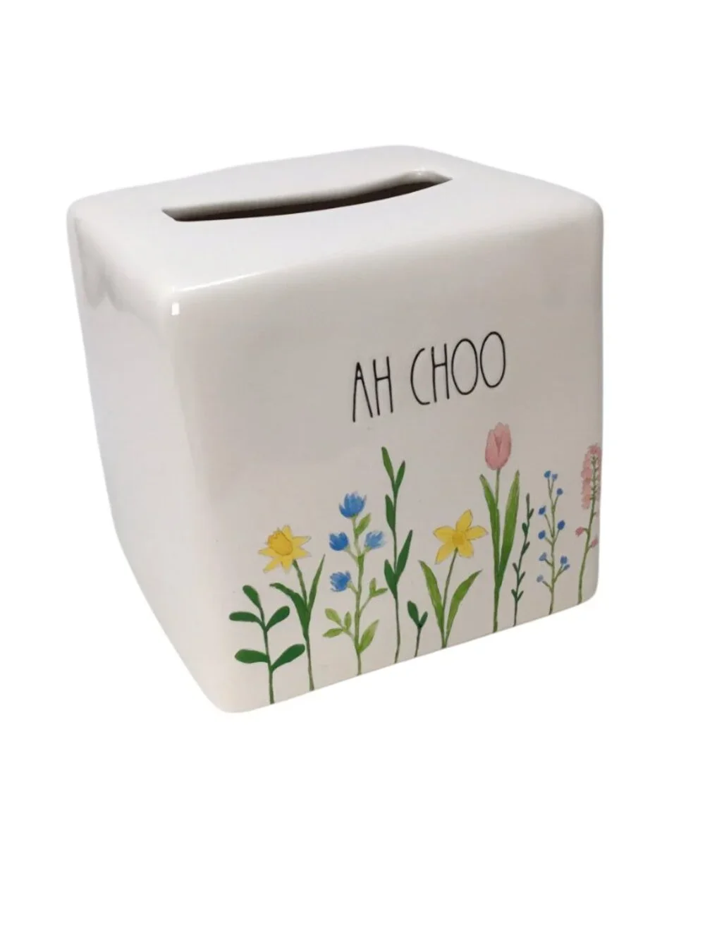 Rae Dunn Tissue Box Cover Holder Ah Choo Floral Spring Flowers Ceramic Square